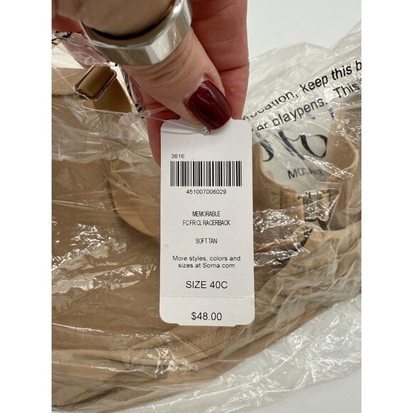Soma Memorable Front Close Racerback Bra Beige Nude NWT - Size 40C - Picture 4 of 4